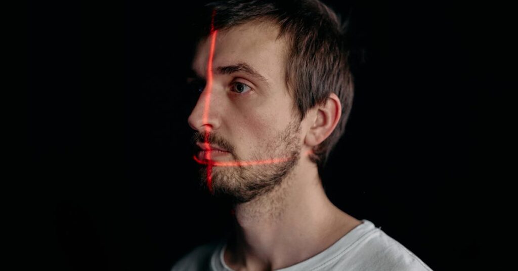 a man undergoes a facial recognition scan with a laser grid in a studio setting 1