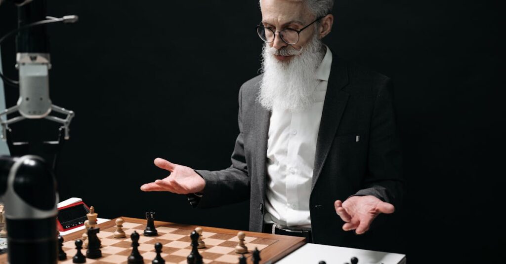 a senior man plays chess against a robot mixing tradition with modern technology