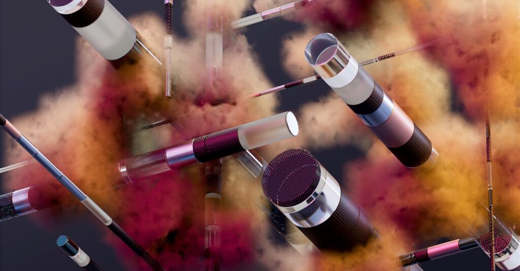 an abstract display of vibrant makeup brushes amidst colorful smoke clouds showcasing creativity