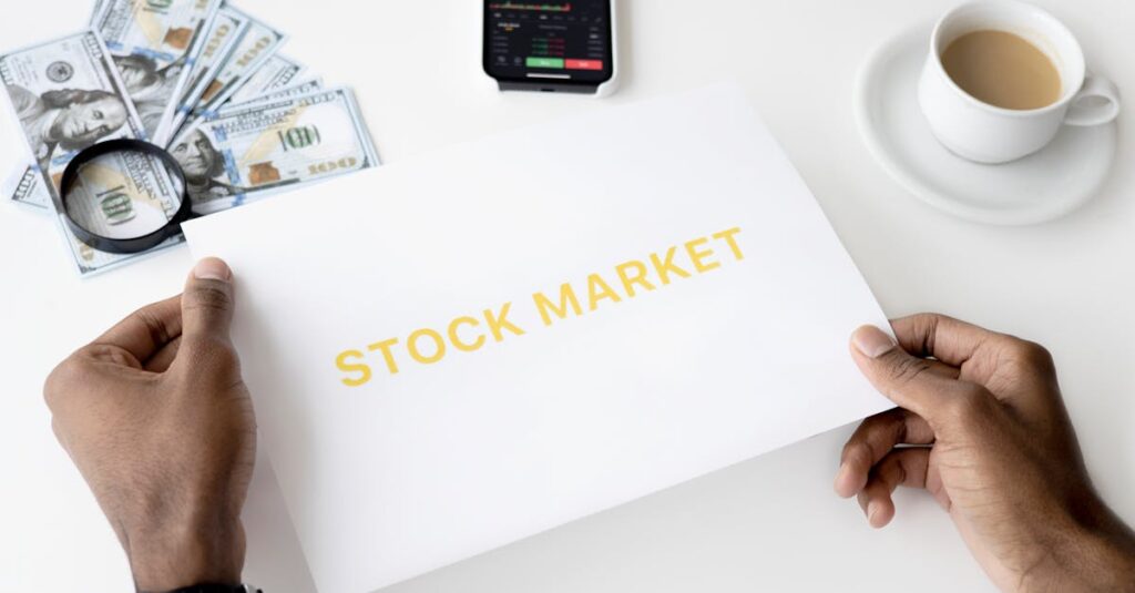 business theme with stock market document currency and mobile display