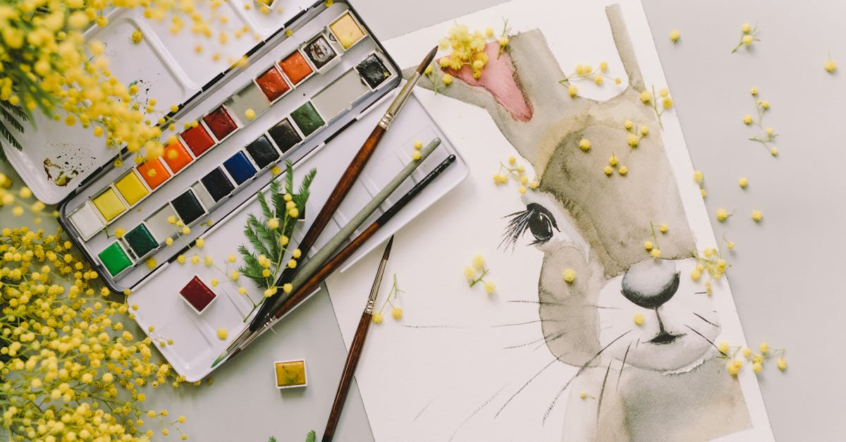 charming watercolor painting of an easter bunny surrounded by vibrant mimosa flowers and a color pal