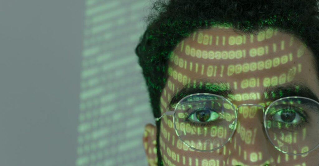 close up of a man with binary code projected on his face symbolizing cybersecurity