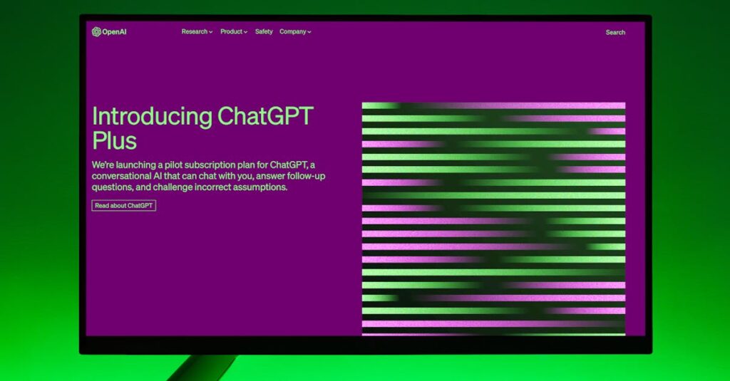 close up of a monitor displaying chatgpt plus introduction on a green background