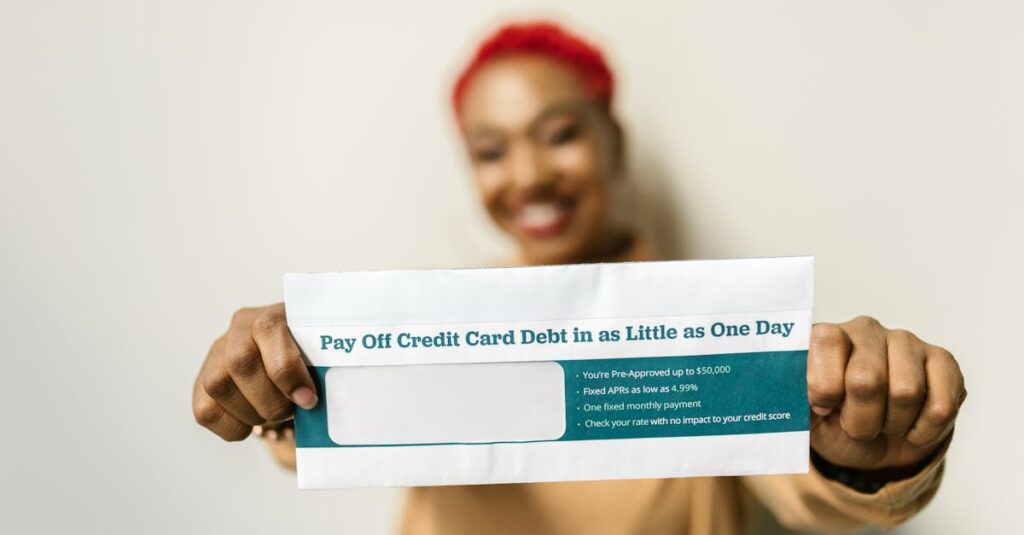 woman presenting an envelope with a credit card debt offer blurred background